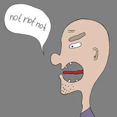 Vector cartoon illustration of of an angry man roaring NO. Male character shouting. Emoticon, emoji, facial expression. Balloon speech contain hand drawn lettering.cartoon. drawn in doodle style