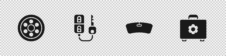 Set Alloy wheel, Car key with remote, Windshield and Toolbox icon. Vector