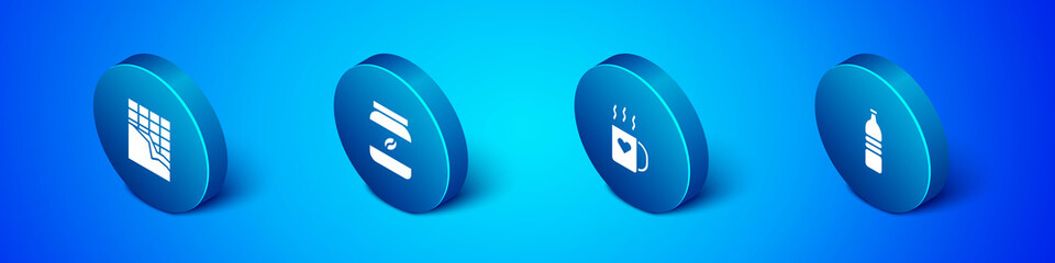 Set Isometric Chocolate bar, Coffee cup and heart, Bottle water and jar bottle icon. Vector