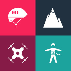 Set pop art Bungee jumping, Drone flying, Mountains and Bicycle helmet icon. Vector
