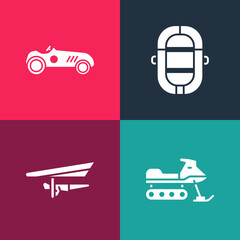 Set pop art Snowmobile, Hang glider, Rafting boat and Vintage sport racing car icon. Vector