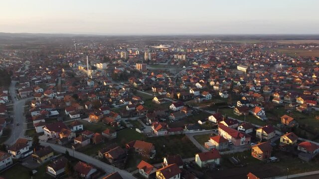 Aerial drone view of Odzak, town and municipality in north Bosnia and Herzegovina. Panoramic view. Posavina region.