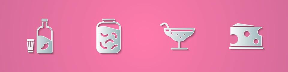 Set paper cut Vodka with pepper and glass, Pickled cucumbers in jar, Cocktail and Cheese icon. Paper art style. Vector