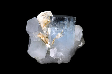 Natural aquamarine gemstone transparent raw crystal cluster with muscovite. Mined in Pakistan....