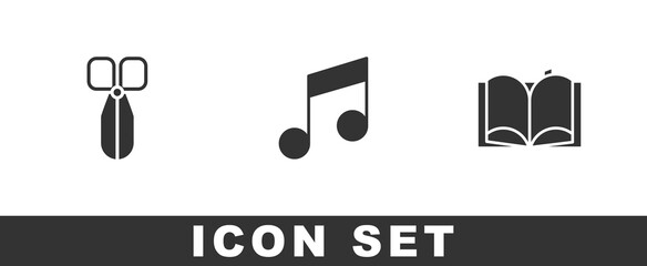 Set Scissors, Music note, tone and Open book icon. Vector