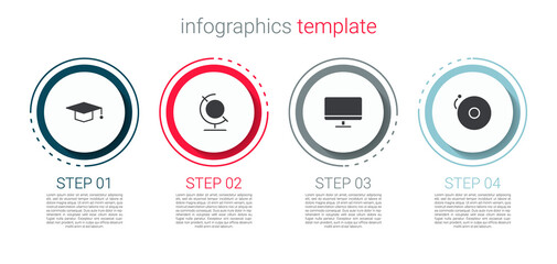 Set Graduation cap, Earth globe, Computer monitor screen and Ringing alarm bell. Business infographic template. Vector