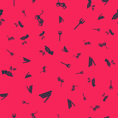 Set Garden hose or fire hose, Lawn mower, Plant in hand of environmental and rake on seamless pattern. Vector