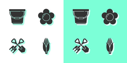 Set Corn, Bucket, Shovel and rake and Flower icon. Vector