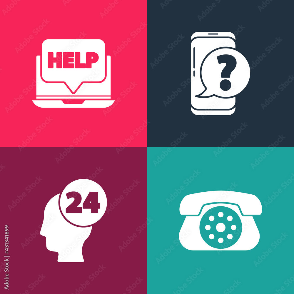 Poster set pop art telephone, support operator in touch, mobile with question and laptop and help icon. vec