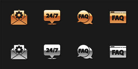 Set Envelope setting, Clock 24 hours, Speech bubble with FAQ and Browser icon. Vector