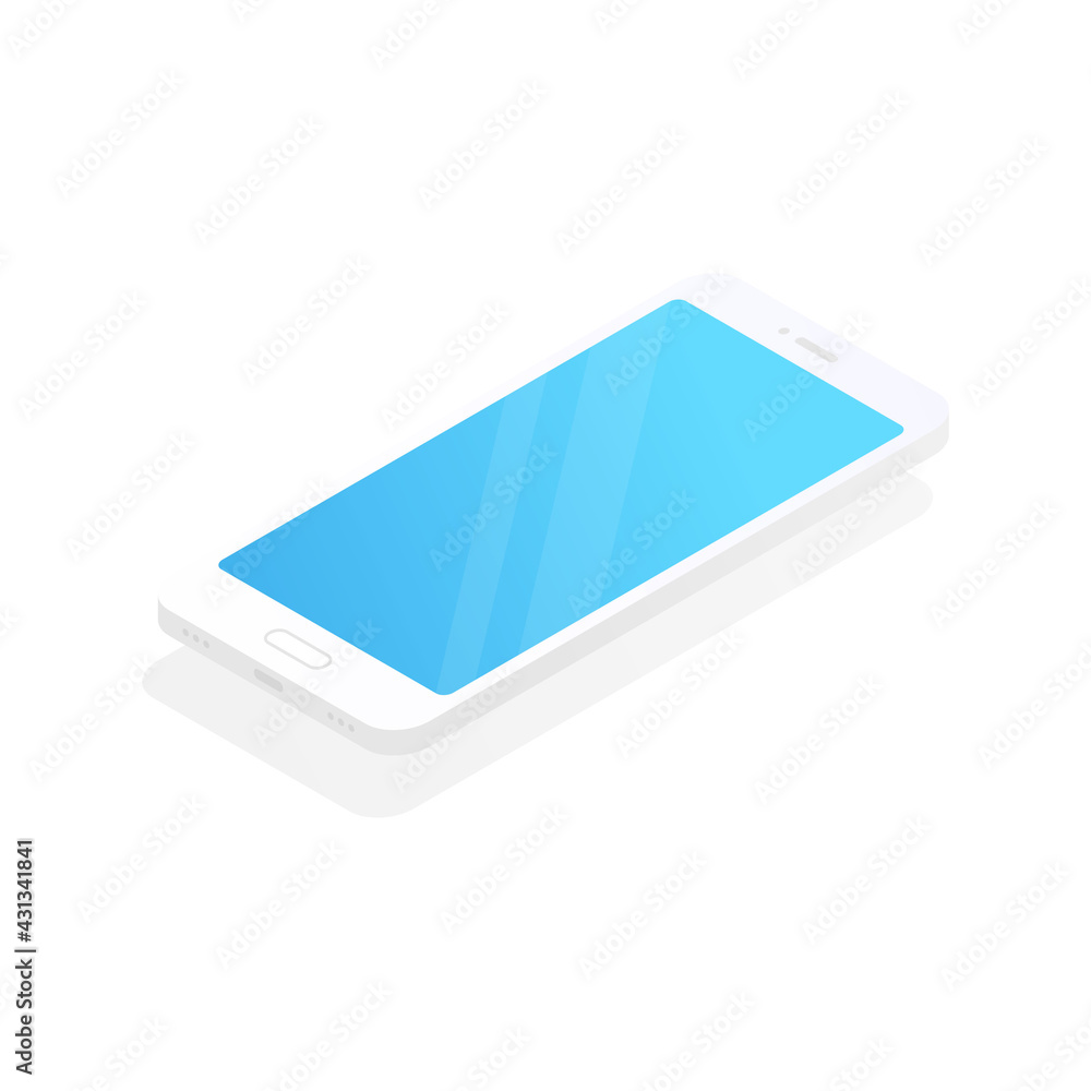 Poster isometric white phone. 3d mobile phone with blue gradient empty screen. digital technology concept. 