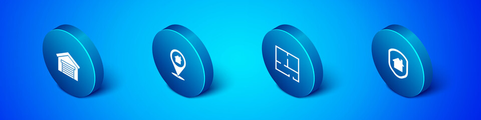 Set Isometric Garage, House plan, under protection and Location with house icon. Vector