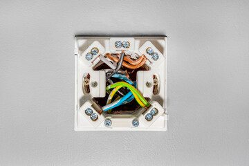 A three-phase socket located in the gray wall in the kitchen.