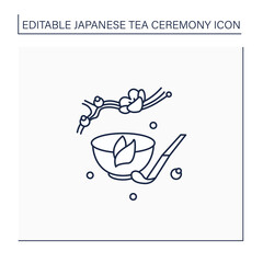 Tea scoop line icon. Unique ladle for traditional herbal tea in cup.Japanese ethnic and national ceremony. Sakura twig. Tea ceremony concept.Isolated vector illustration.Editable stroke