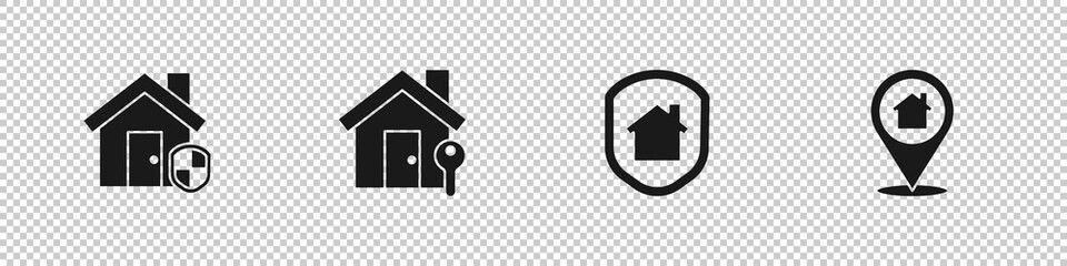 Set House under protection, with key, and Location house icon. Vector