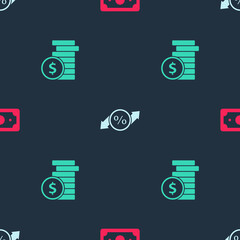 Set Stacks paper money cash, Discount percent tag and Coin with dollar on seamless pattern. Vector