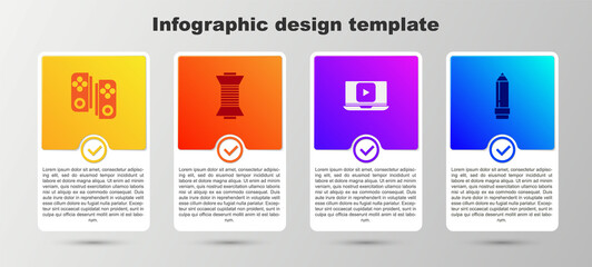 Set Gamepad, Sewing thread on spool, Online play video and Pencil with eraser. Business infographic template. Vector