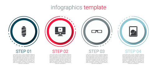 Set Sewing thread on spool, Online play video, Cinema glasses and Picture landscape. Business infographic template. Vector