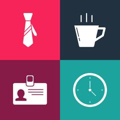 Set pop art Clock, Identification badge, Coffee cup and Tie icon. Vector