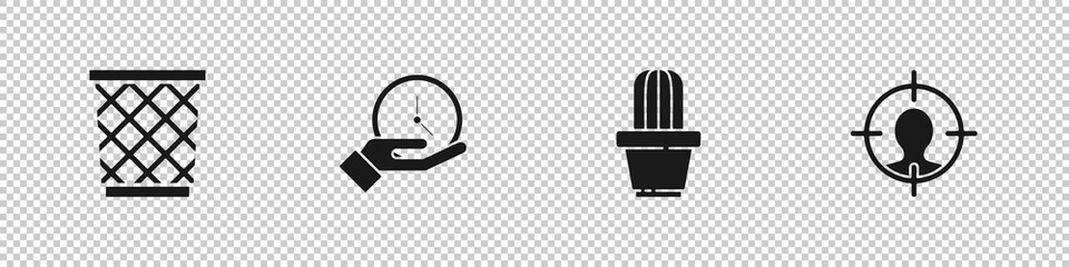 Set Trash can, Clock, Cactus and succulent in pot and Head hunting concept icon. Vector