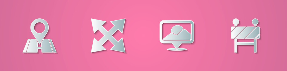 Set paper cut Location, Road traffic sign, and barrier icon. Paper art style. Vector