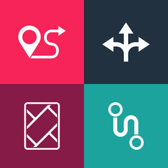 Set pop art Route location, Gps device with map, Road traffic sign and icon. Vector