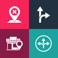 Set pop art Road traffic sign, Location with store, and icon. Vector