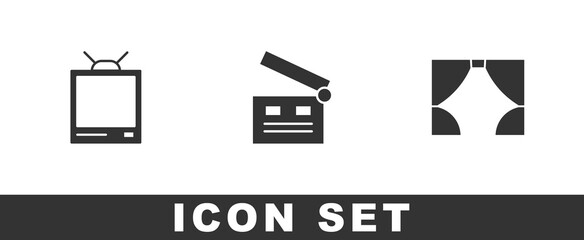 Set Retro tv, Movie clapper and Curtain icon. Vector