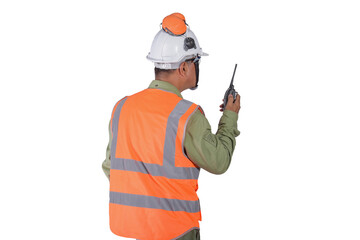 Worker wearing Reflective vest with Hand holding walkie-talkie isolated on white background