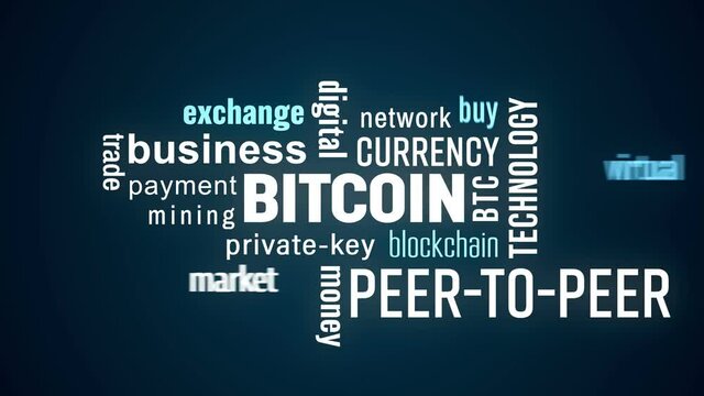 Video animation of bitcoin keyword cloud with white and blue text on dark background - bitcoin - digital cryptocurrency - btc