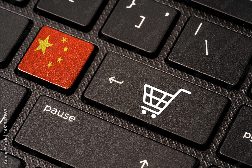 Poster china flag and white trolley or shopping cart icon print screen on button computer laptop keyboard ,