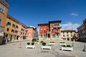 Fototapeta na wymiar Narodni trg, Vodnjan, Croatia. Main square, streets and buildings in Vodnjan, Istria.