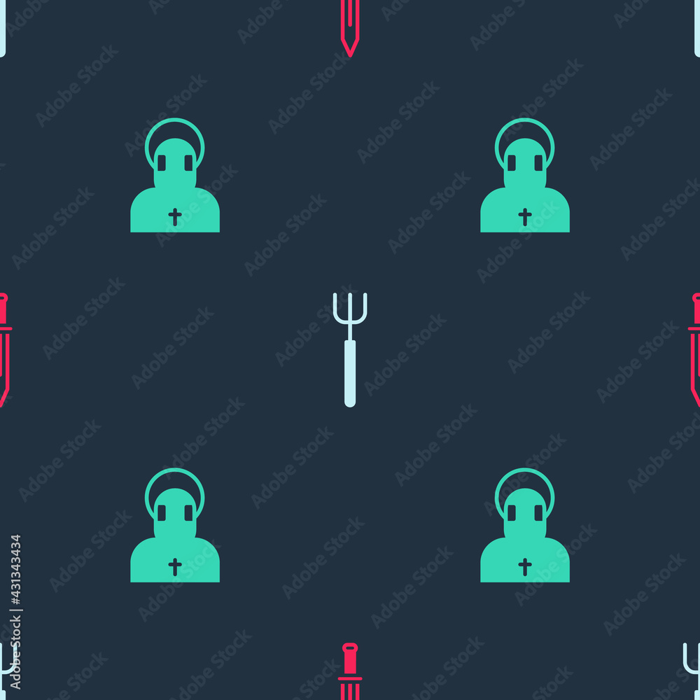 Poster set medieval sword, garden pitchfork and monk on seamless pattern. vector