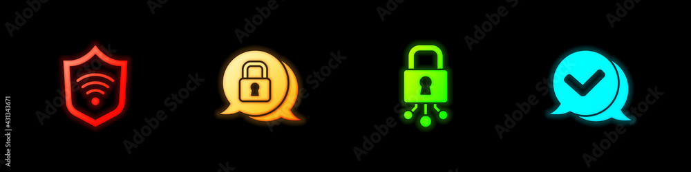 Poster set shield with wifi wireless, cyber security, and check mark in speech bubble icon. vector
