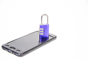 Blue key or padlock locked on mobile phone on white background. Account security. lock symbol. Security technology. Internet banking Lock. Lock and safety data protection of smartphone. Copy space.