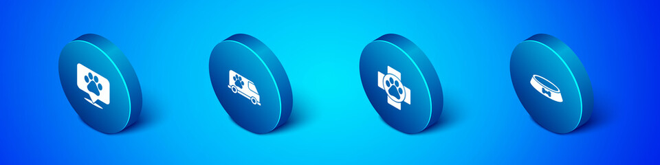 Set Isometric Location veterinary, Veterinary clinic, Pet food bowl and ambulance icon. Vector