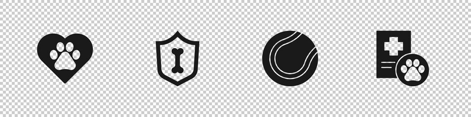 Set Heart with animals footprint, Animal health insurance, Tennis ball and Clinical record pet icon. Vector