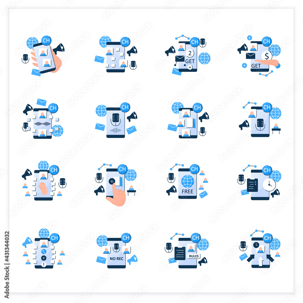 Poster drop in audio app flat icons set. communication application with friends. application rules, raped p