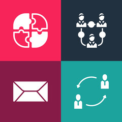 Set pop art Human resources, Envelope, Project team base and Piece of puzzle icon. Vector
