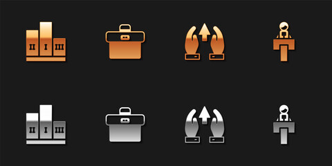 Set Award over winner podium, Briefcase, Growth chart and progress and Stage stand or tribune icon. Vector
