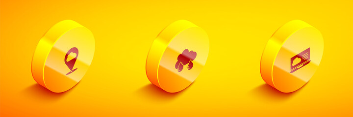 Set Isometric Location cloud, Cloud with rain and Weather forecast icon. Vector