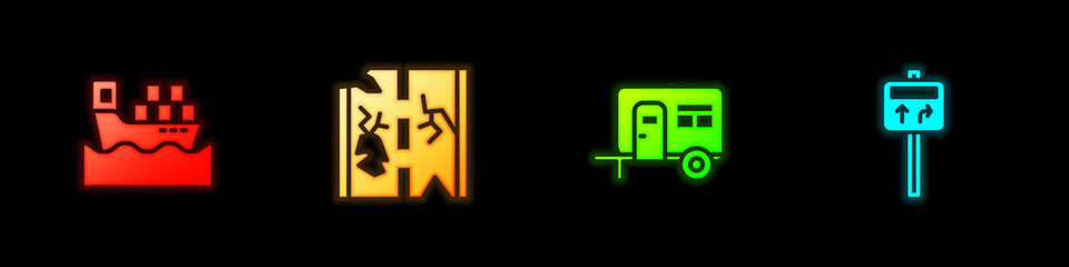 Set Cargo ship with boxes, Broken road, Rv Camping trailer and Road traffic signpost icon. Vector