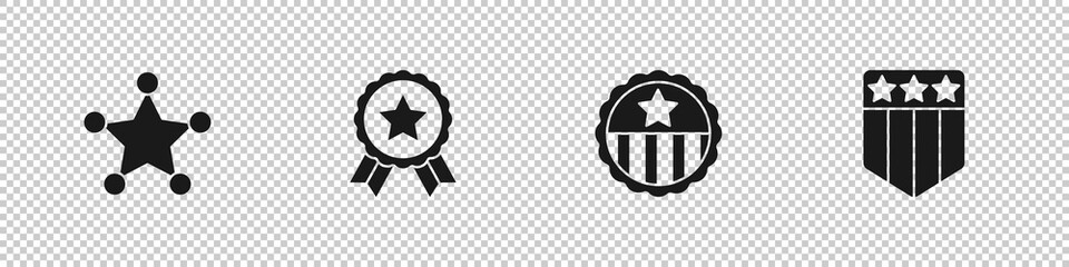 Set Hexagram sheriff, Medal with star, and Shield stars icon. Vector