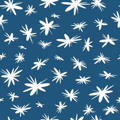 Seamless pattern white abstract modern flowers on the blue background. Use floral backdrop for textile print, wrapping paper
