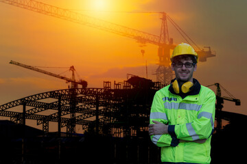engineer cross arm on tower crane  background. worker at site.  engineer at work
