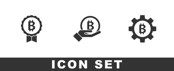Set Bitcoin, Hand holding and Cryptocurrency icon. Vector