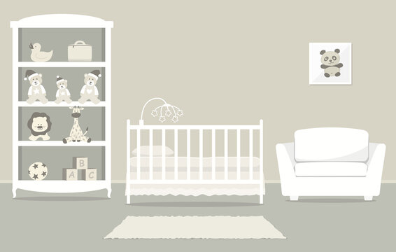 Kid's room for a newborn baby. Interior bedroom for a child in a beige color. There is a cot, a wardrobe with toys, armchair and other things in the picture. Vector illustration