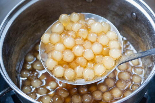 thai dessert call Palm ball Syrup on big spoon make from corypha umbraculifera ball i