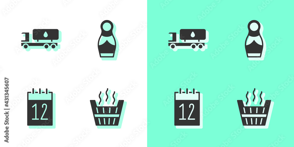 Wall mural Set Sauna bucket, Tanker truck, Calendar 12 june and Russian doll matryoshka icon. Vector