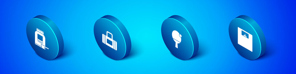 Set Isometric Sports nutrition, Racket and ball, Bathroom scales and bag icon. Vector